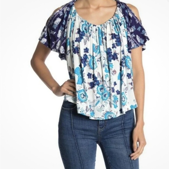 Free People Baja Babe Floral Blue and White Women's Tee - Picture 1 of 3